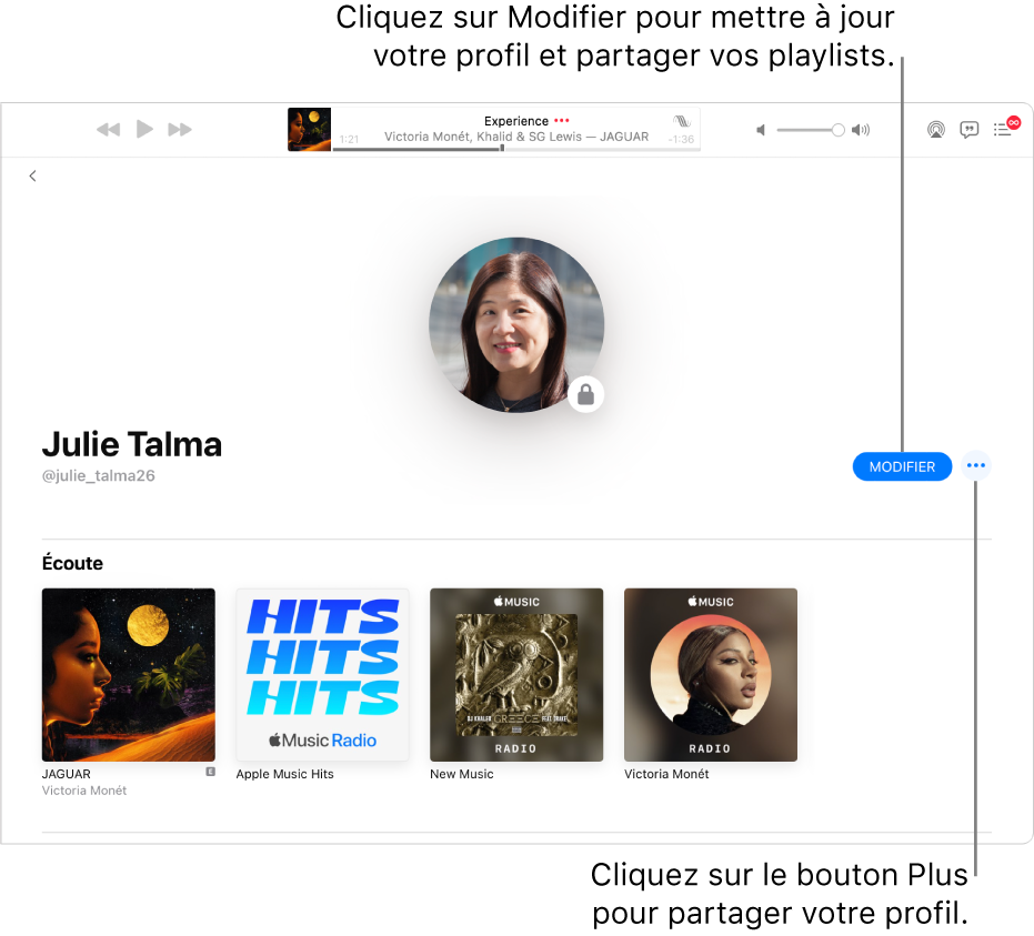 La page de profil dans Apple Music : Sur le côté droit de la fenêtre, cliquez sur Modifier pour choisir qui peut vous suivre. À droite de Modifier, cliquez sur le bouton Plus pour partager votre musique.