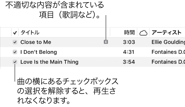 ミュージックの曲表示の詳細。左側にチェックボックスと、最初の曲が不適切であることを示す記号（歌詞などに不適切な内容が含まれていることを示します）が表示されています。曲の横にあるチェックボックスの選択を解除すると、再生が禁止されます。