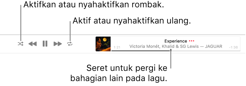 Sepanduk dengan lagu dimainkan. Butang Rombak berada di bahagian penjuru kiri atas; butang Ulang di bahagian penjuru kanan atas. Seret pengosok untuk pergi ke bahagian lain lagu.