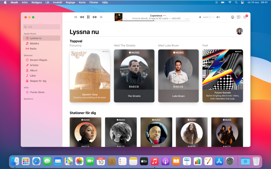 Apple Music-fönstret som visar Lyssna nu.