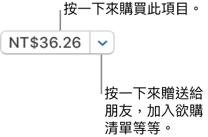 顯示價格的按鈕。按一下價格來購買項目。按一下價格旁邊的箭頭來送禮給朋友、加入欲購清單，以及進行其他操作。