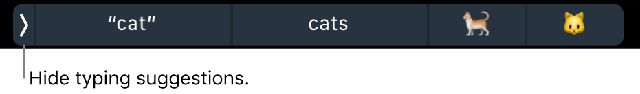 Typing suggestions showing words and emojis, and the button on the left to hide typing suggestions.