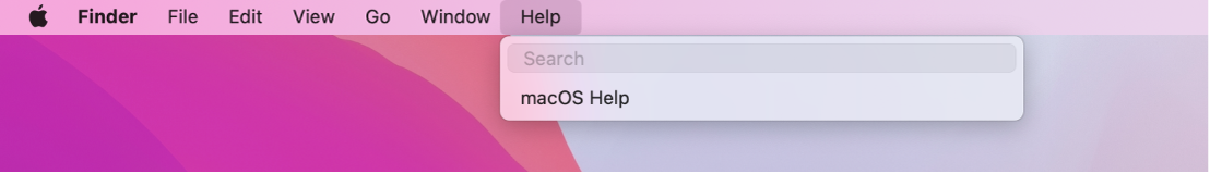 Una vista parziale della scrivania con il menu Aiuto aperto che mostra le opzioni di menu Cerca e Aiuto di macOS.