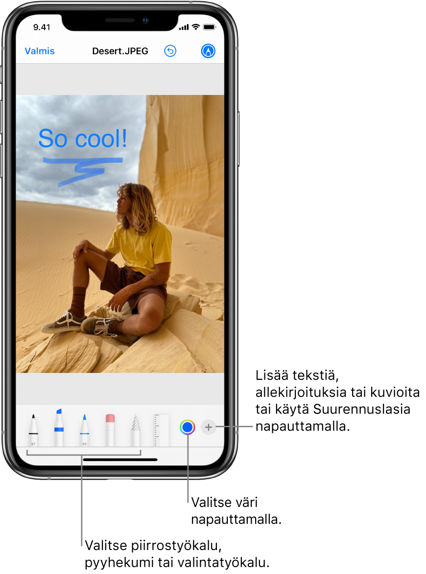Kuva, jota muokataan Merkintä-työkaluilla. Kuvan alla ovat vasemmalta oikealle seuraavat painikkeet Merkintä-työkaluille: piirroskynät, pyyhekumi, valintatyökalu, värit, lisäyspainikkeet tekstilaatikolle, allekirjoitukselle ja kuvioille sekä painike Suurennuslasin valitsemiselle.