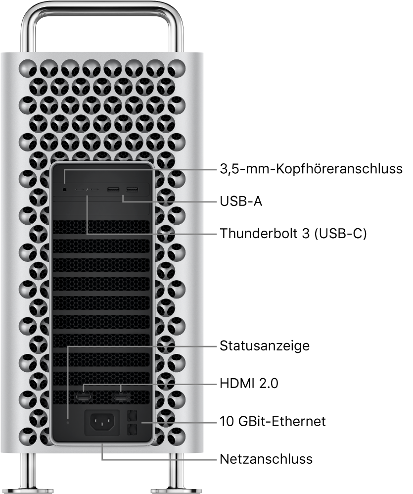 Eine Seitenansicht des Mac Pro mit dem 3,5-mm-Kopfhöreranschluss, zwei USB-A-Anschlüssen, zwei Thunderbolt 3-Anschlüssen (USB-C), einer Statusanzeige, zwei HDMI 2.0-Anschlüssen, zwei 10 Gigabit-Ethernetanschlüssen und dem Netzanschluss.