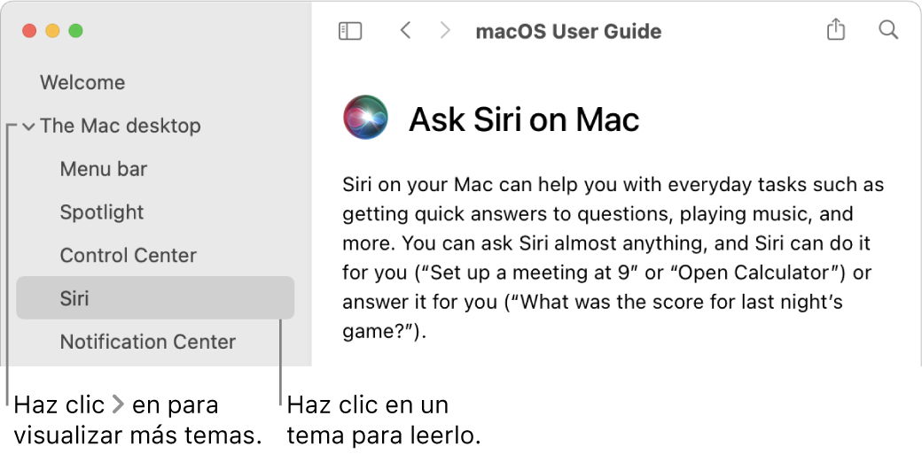 Visor de Ayuda donde se muestra cómo ver los temas enumerados en la barra lateral y cómo mostrar el contenido de un tema.
