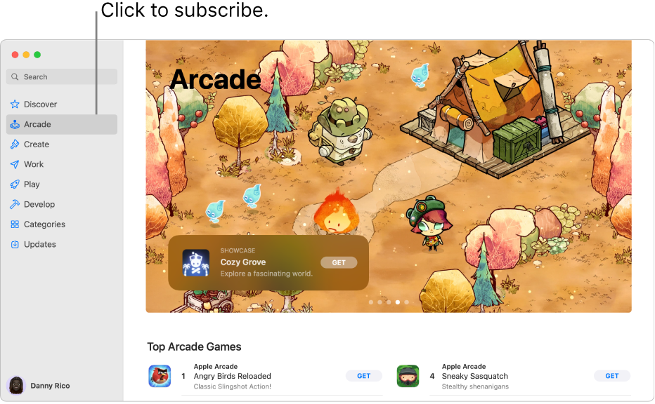 The main Apple Arcade page. A popular game is shown in the pane on the right, with other available games shown below.