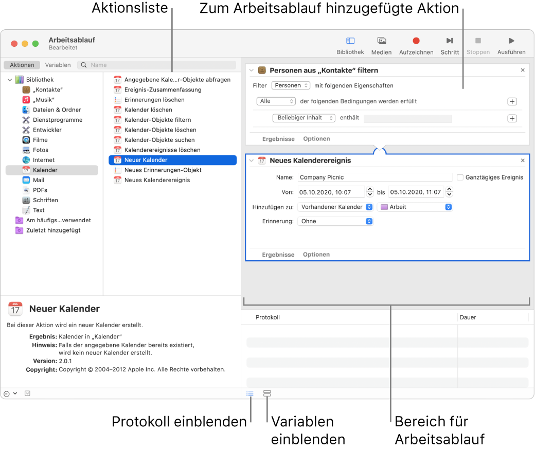 Das Automator-Fenster Die Bibliothek erscheint ganz rechts und enthält eine Liste der Apps, für die Automator Aktionen bereitstellt. Die App „Kalender“ ist in der Liste ausgewählt und für Kalender verfügbare Aktionen sind in der rechten Spalte aufgelistet. Auf der rechten Seite des Fensters befindet sich ein Arbeitsablauf, dem eine Kalenderaktion hinzugefügt wurde.