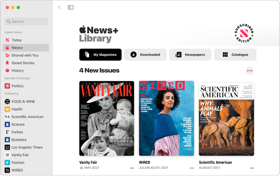 The Apple News window showing News+ selected in the sidebar. In the Apple News+ Library on the right, the collection My Magazines is selected. Below the title 4 New Issues, issues are arranged in a grid.