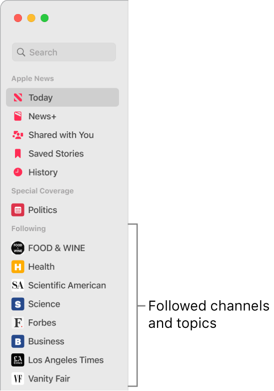 The Apple News sidebar showing followed channels and topics.