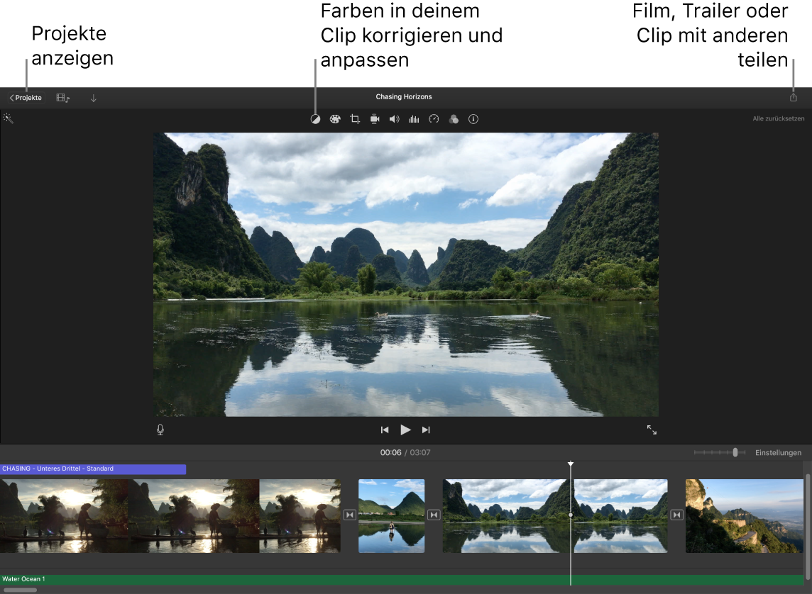 Ein iMovie-Fenster mit Tasten zum Anzeigen von Projekten, Korrigieren oder Anpassen von Farben und Teilen deines Films, Trailers oder Filmclips.
