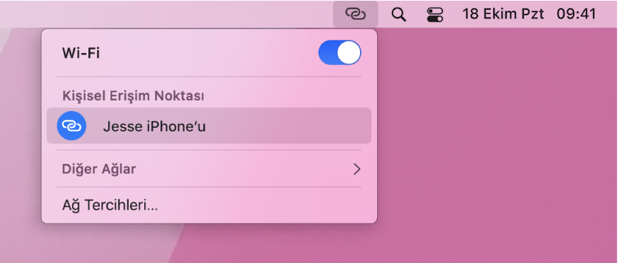 Bir iPhone’a bağlı Kişisel Erişim Noktası’nı gösteren Wi-Fi menüsünün bulunduğu Mac ekranı.