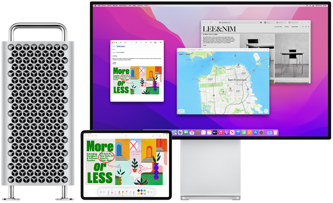 Yan yana bir Mac Pro ve iPad gösteriliyor. iPad ekranı, açıklamalara sahip bir el ilanını gösteriyor. Mac Pro tarafından kullanılan ekranda, ilişik olarak iPad’den açıklama eklenmiş bir el ilanına sahip bir Mail iletisi var.