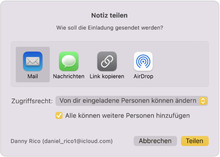 Das Fenster „Notiz teilen“, in dem du auswählen kannst, wie die Einladung zum Teilen einer Notiz versendet werden soll.