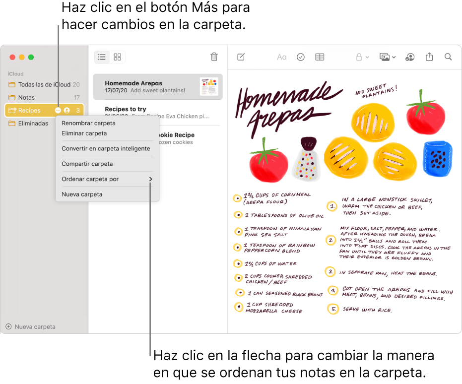 La ventana Notas con una carpeta en la barra lateral mostrando el botón Más, en el que puedes hacer cambios en una carpeta. La opción para ordenar se encuentra arriba de la lista de notas en la parte de en medio; esta cambia el orden de las notas: haz clic en la flecha para seleccionar otro orden.