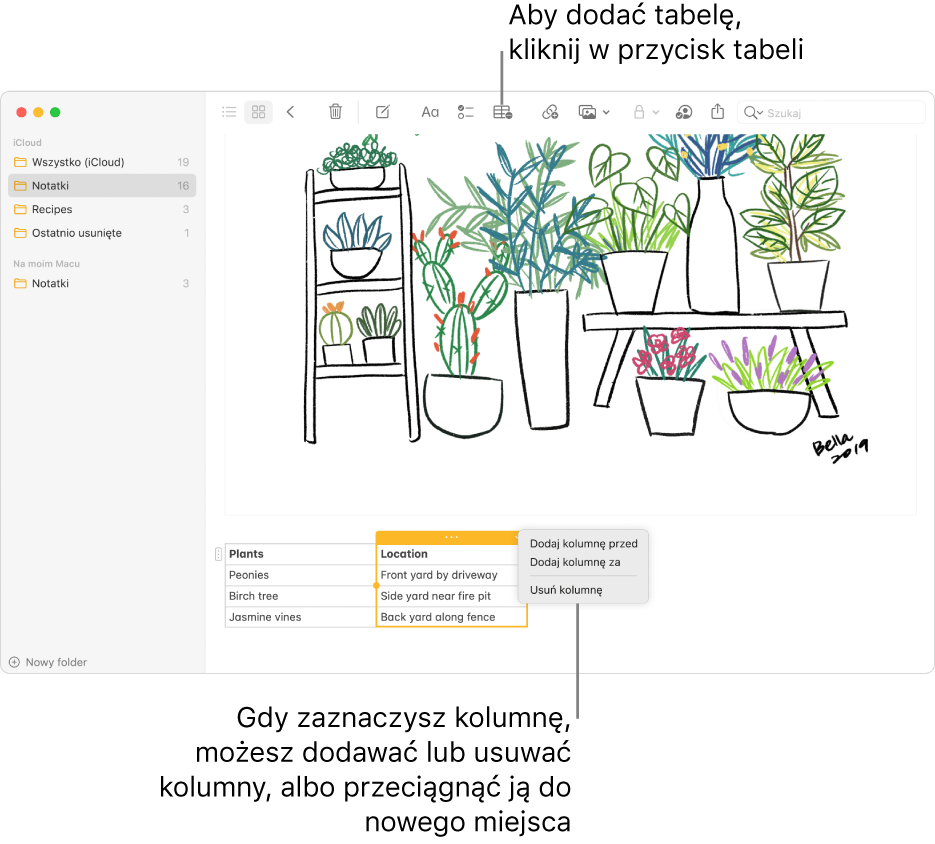 Okno Notatek z przyciskiem tabeli. Kliknij w niego, aby dodać tabelę. W notatce zaznaczona jest kolumna tabeli, możesz więc dodawać lub usuwać kolumny, a także przeciągnąć ją w inne miejsce.