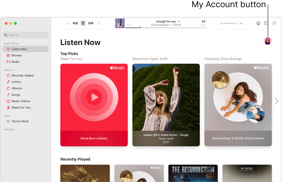 The Apple Music window showing Listen Now. The My Account button (which looks like a photo or monogram) is in the top-right corner of the window.