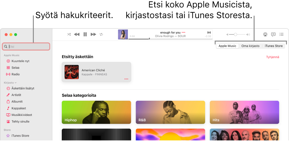 Apple Music -ikkuna, jossa näkyy hakukenttä vasemmassa yläkulmassa, kategorialuettelo keskellä sekä Apple Music, kirjastosi ja iTunes Store oikeassa yläkulmassa. Syötä hakukriteerit hakukenttään ja valitse sitten, etsitäänkö koko Apple Musicista, vain kirjastostasi vai iTunes Storesta.