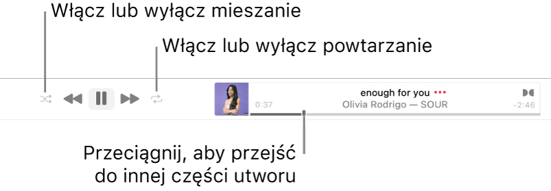 Baner oraz odtwarzany utwór. Przycisk mieszania znajduje się w lewym górnym rogu; przycisk powtarzania znajduje się w prawym górnym rogu. Przeciągnij głowicę, aby przejść do innej części utworu.