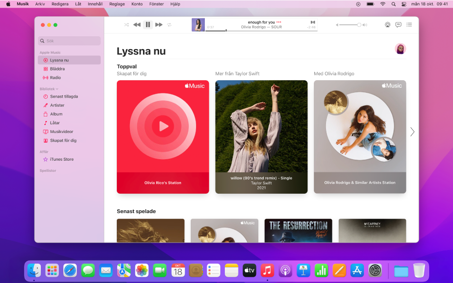 Apple Music-fönstret som visar Lyssna nu.