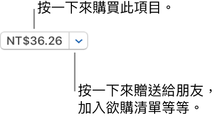 顯示價格的按鈕。按一下價格來購買項目。按一下價格旁邊的箭頭來送禮給朋友、加入欲購清單，以及進行其他操作。