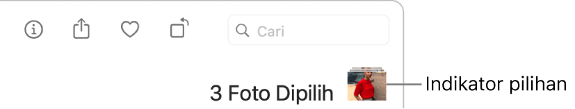 Indikator pemilihan menampilkan tiga foto dipilih.