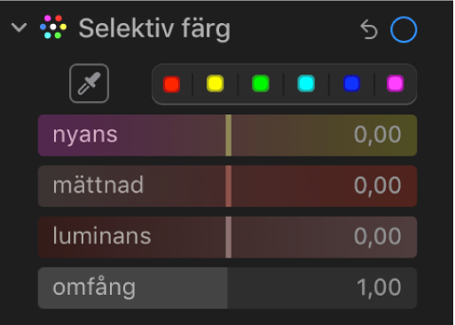 Reglaget för selektiv färg på panelen Justera med reglage för nyans, mättnad, luminans och omfång.