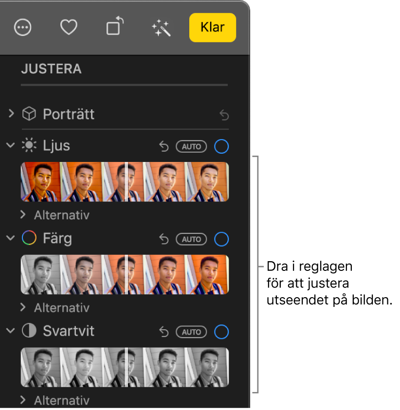 Reglagen Ljus, Färg och Svartvit på panelen Justera. Ovanför varje reglage finns en Auto-knapp.