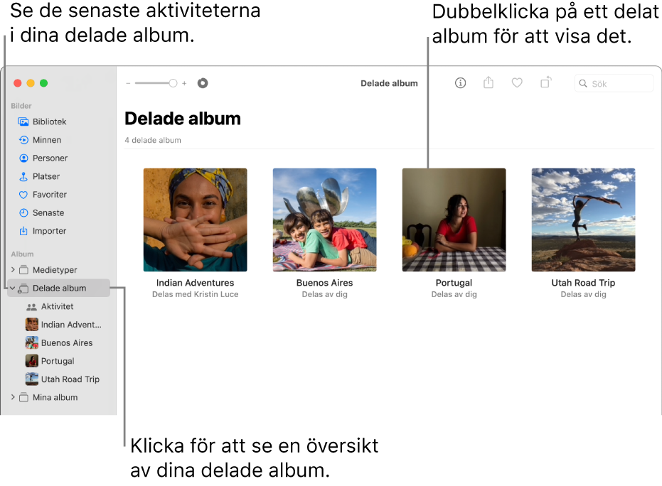 Bilder-fönstret där Delade album är markerat i sidofältet och delade album visas till höger.