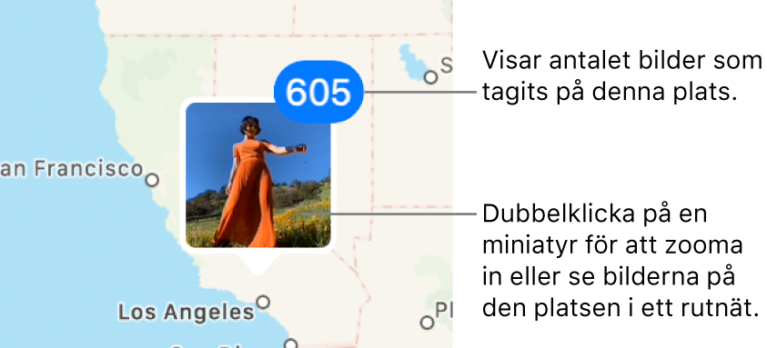 En bildminiatyr på en karta med ett nummer i det övre högra hörnet som representerar antalet bilder som har tagits på den platsen.