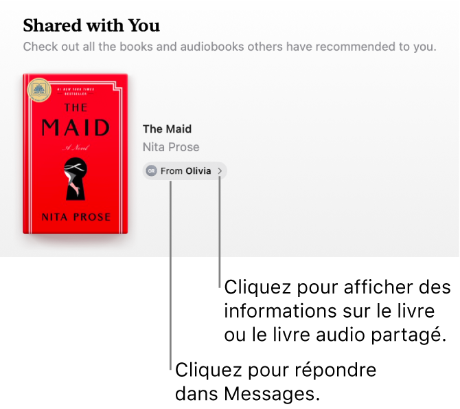 Fenêtre affichant un livre dans la section « Partagé avec vous ».