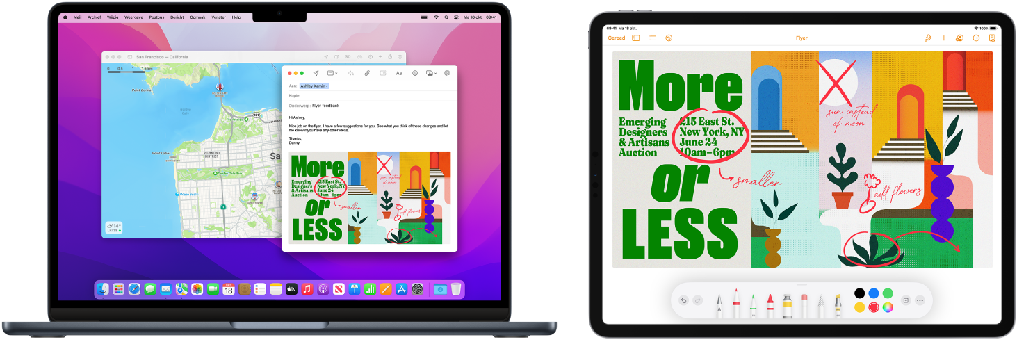 Een MacBook Air staat naast een iPad. Op het iPad-scherm staat een folder met aantekeningen. Op het scherm van de MacBook Air staat een Mail-bericht met daarin als bijlage de folder met aantekeningen van de iPad.