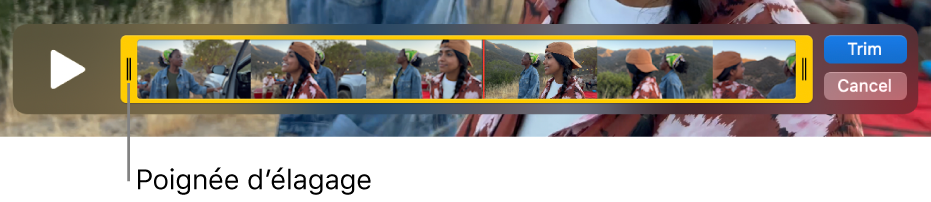 Un plan dans la fenêtre QuickTime Player, montrant une partie du plan entre les poignées jaunes, et le reste en dehors. Le bouton Élaguer et le bouton Annuler sont à droite.