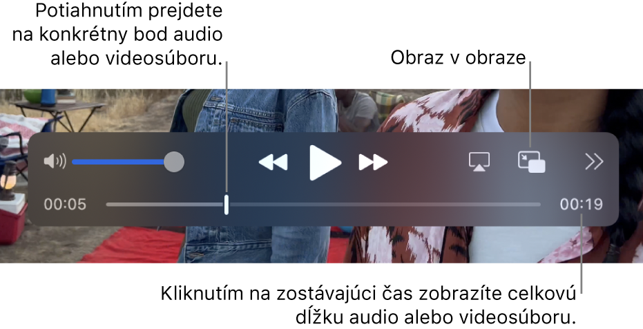 Ovládacie prvky prehrávania v aplikácii QuickTime Player. Pozdĺž hornej časti sa nachádza ovládač hlasitosti, tlačidlá Prevíjanie dozadu, Prehrať/Pozastaviť, Prevíjanie dopredu, Vybrať displej, Obraz v obraze, Zdieľať a rýchlosť prehrávania. V dolnej časti sa nachádza indikátor prehrávania, ktorý môžete potiahnuť a premiestniť sa tak na konkrétne miesto v súbore. Zostávajúci čas súboru sa zobrazuje vpravo dole.