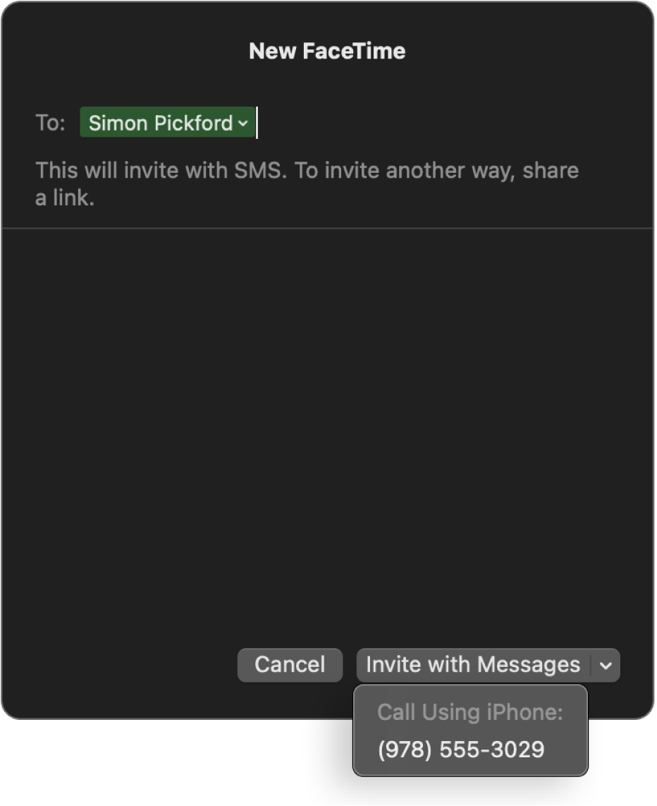 The New FaceTime window with a person’s name in the To field. The pop-up window at the bottom says to invite with Messages (send an SMS) or call using iPhone.
