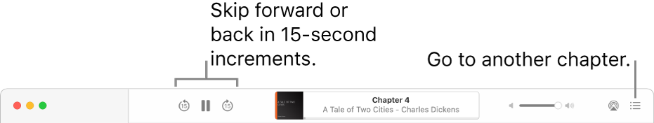 The audiobook player in Apple Books showing, from left to right, the Playback Speed button, the Skip Forward and Skip Back buttons, the Sleep Timer button, the title and author of the currently playing audiobook, the Volume slider and the Table of Contents button.