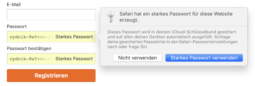 Account-Anmeldeseite mit einem automatisch erstellten Passwort und der Option dieses abzulehnen oder zu verwenden