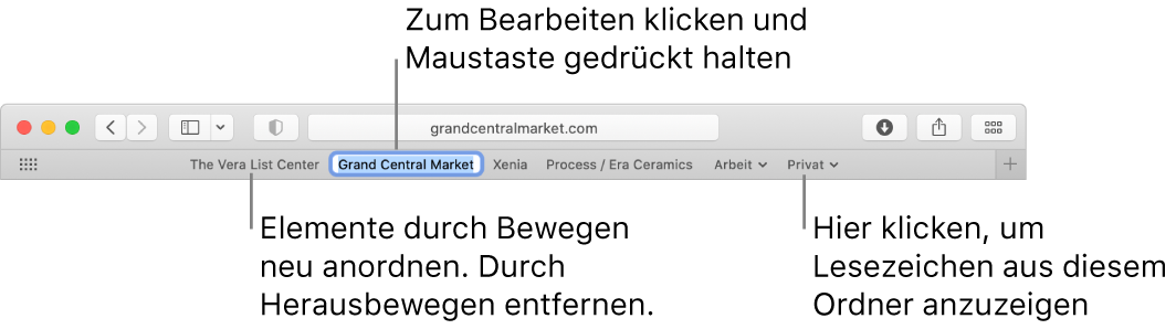 Die Favoritenleiste mit mehreren Lesezeichen und einem Lesezeichenordner. Zum Bearbeiten eines Lesezeichens oder Ordners in der Leiste klicke auf das Lesezeichen oder den Ordner und halte die Maustaste gedrückt. Zum erneuten Anordnen der Objekte in der Leiste bewege sie. Zum Entfernen eines Objekts bewege es aus dem Leistenbereich.