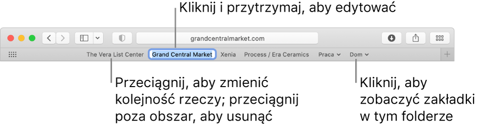 Pasek ulubionych z folderem zakładek. Aby edytować zakładkę lub folder na pasku, kliknij i przytrzymaj dany element. Aby zmienić ułożenie elementów na pasku, przeciągnij je. Aby usunąć element, przeciągnij go poza obszar paska.