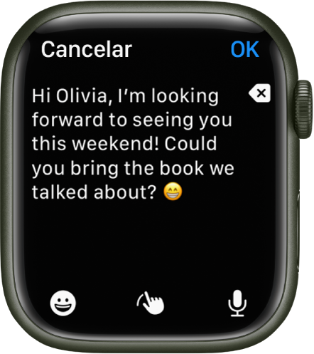 O app Mail mostra uma tela onde você pode redigir uma mensagem de e‑mail. O corpo do texto está próximo à parte superior com o botão Apagar à direita. Na parte inferior, os botões Emoji, Escrever à mão e Ditado. O botão OK encontra-se na parte superior direita.
