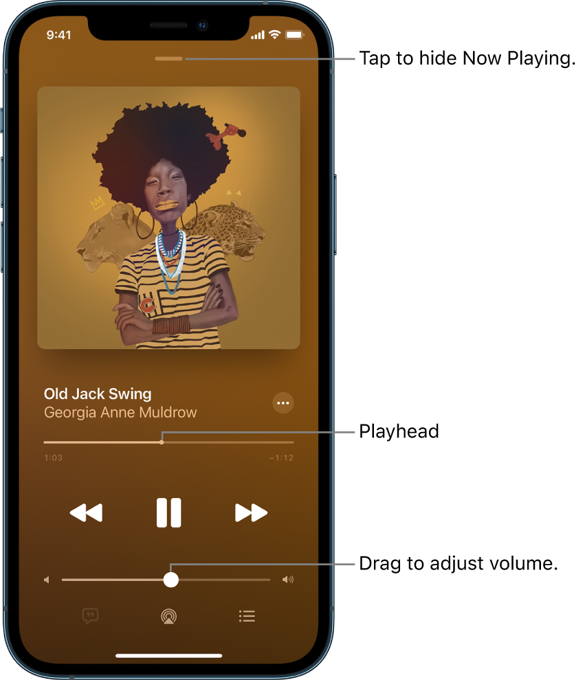 The Now Playing screen showing the album art. Below are the song title, artist name, More button, playhead, play controls, volume slider, Lyrics button, Playback Destination button, and Queue button. The Hide Now Playing button is at the top.