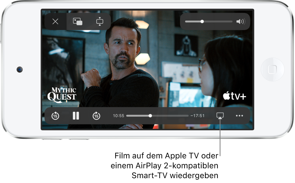 Ein Film wird auf dem iPod touch-Bildschirm wiedergegeben. Unten auf dem Bildschirm befinden sich die Steuerelemente für die Wiedergabe, einschließlich der Taste „AirPlay“ unten rechts.