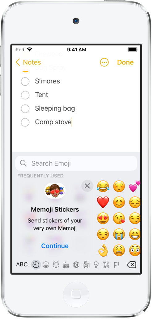 A note in the Notes app being edited, with the emoji keyboard open and the Search Emoji field at the top of the keyboard.