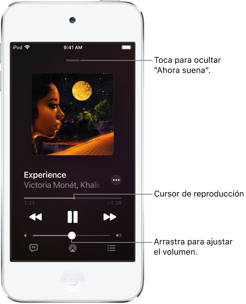 La pantalla "Ahora suena" mostrando la ilustración del álbum. Debajo se encuentra el nombre de la canción, el nombre del artista, el botón Más, el cursor de reproducción, los controles de reproducción, el regulador del volumen, el botón para ver la letra de la canción, el botón "Destino de la reproducción" y el botón Fila. El botón "Ocultar ahora suena" se sitúa en la parte superior.