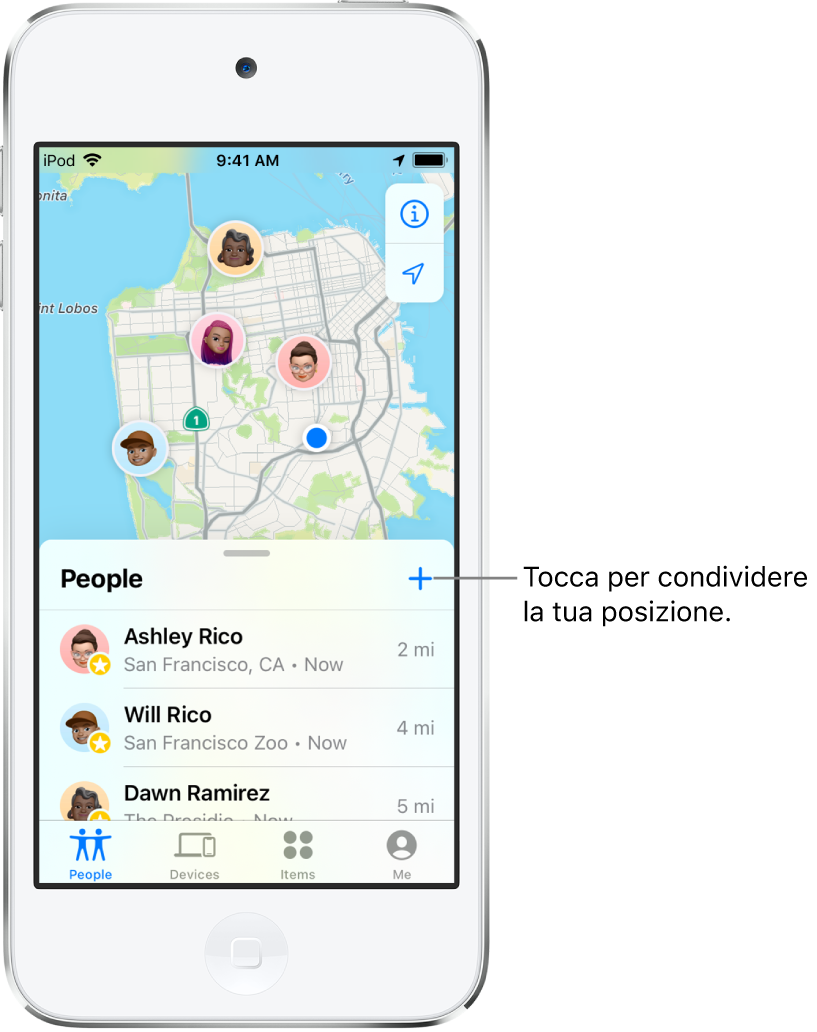 La schermata di Dov'è aperta sull'elenco Persone. Nell'elenco sono visibili tre persone: Alice Rossi, Guglielmo Rossi e Daria Riccardi. Tocca il pulsante Aggiungi in cima all'elenco Persone per condividere la tua posizione.