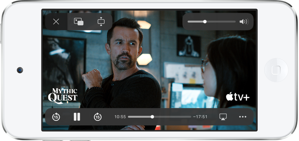 正在播放電影，並顯示控制項目。「關閉」、「畫中畫」和「縮放」按鈕位於左上方。音量滑桿在右上角。在左下方，有向後回帶 15 秒、暫停和快轉 15 秒的按鈕。底部中間是一個滑桿，你可以拖移它來調整影片位置；經過時間和剩餘時間則顯示在滑桿的兩側。在右下方，有用來更改影片目標和顯示更多控制項目的按鈕。