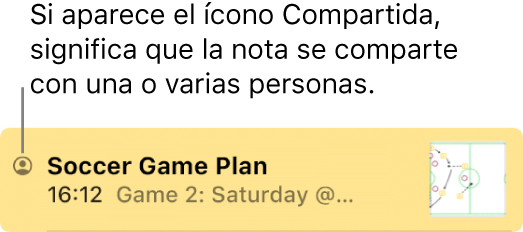 Una nota que se ha compartido con otras personas, con el ícono Compartido a la izquierda del nombre de la nota.