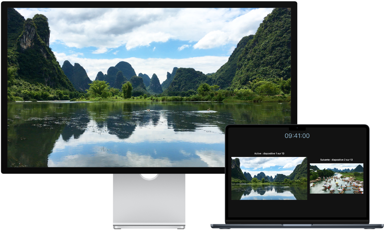 Un MacBook Air représenté avec un moniteur Studio Display utilisé comme écran externe.