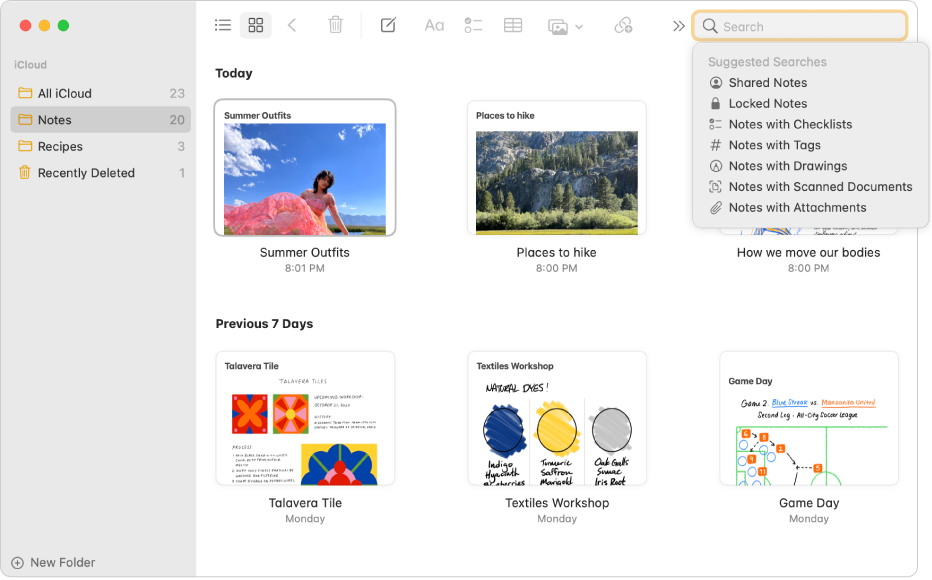 Notes en présentation par galerie, présentant le contenu de chaque note dans une vignette. Les suggestions de recherche s’affichent dans le coin supérieur droit, telles que les notes verrouillées et les notes avec pièces jointes.