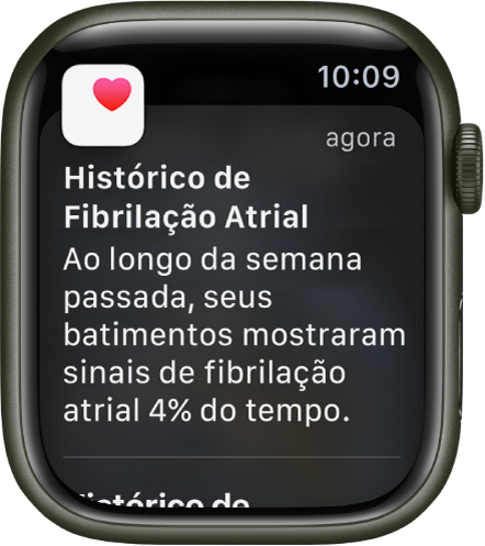 Uma notificação de Histórico de Fibrilação Atrial indicando que havia sinais de fibrilação atrial 4% das vezes na semana passada.